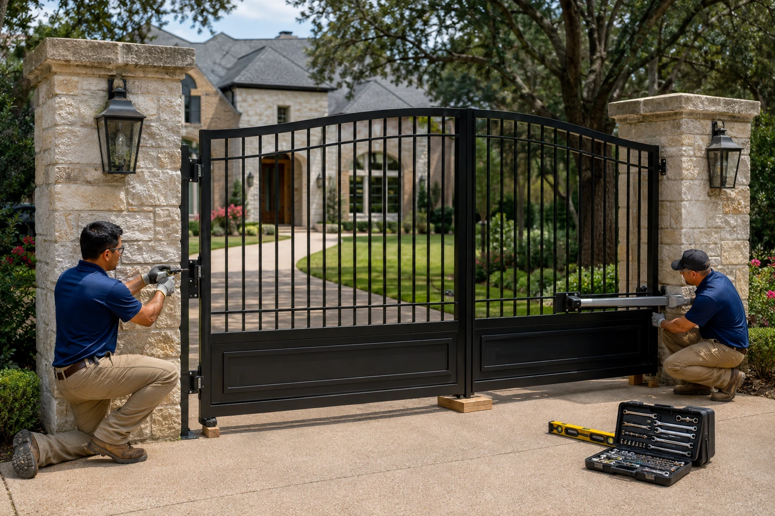 Two technicians installing a black iron double swing gate on stone columns, one fitting the hinge and the other mounting the arm operator, at a stone home's driveway