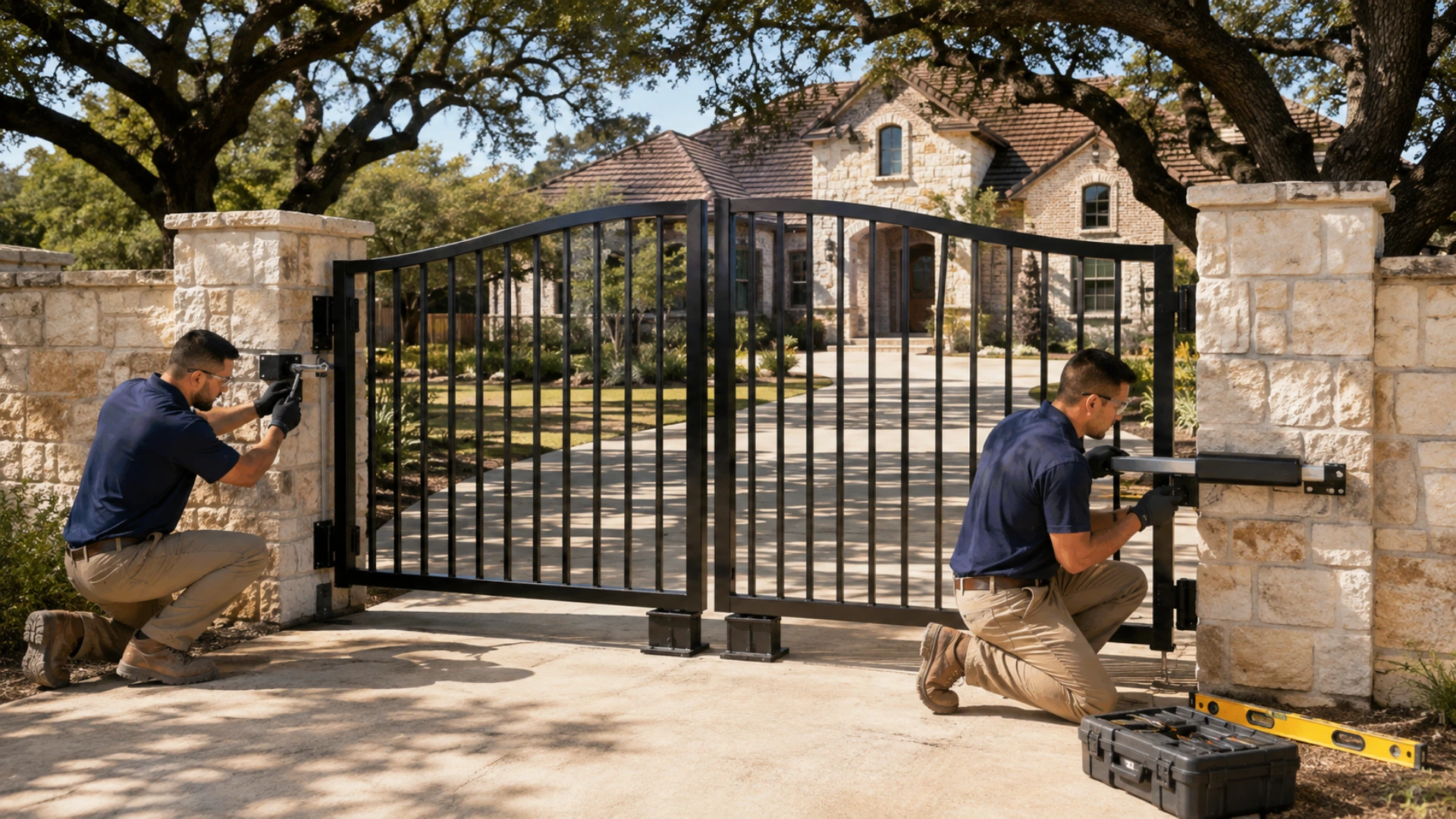 Two technicians installing a black double swing gate between stone columns at a stone house driveway, one fitting hinge hardware on the left column while the other mounts the arm operator on the right, with a tool case and level on the concrete