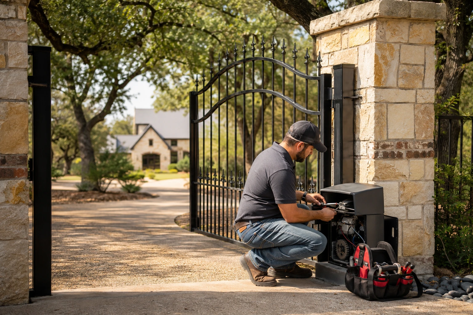Technician kneeling at an opened gate operator housing beside a stone column, servicing the drive unit's internal gearing with a tool bag on the driveway