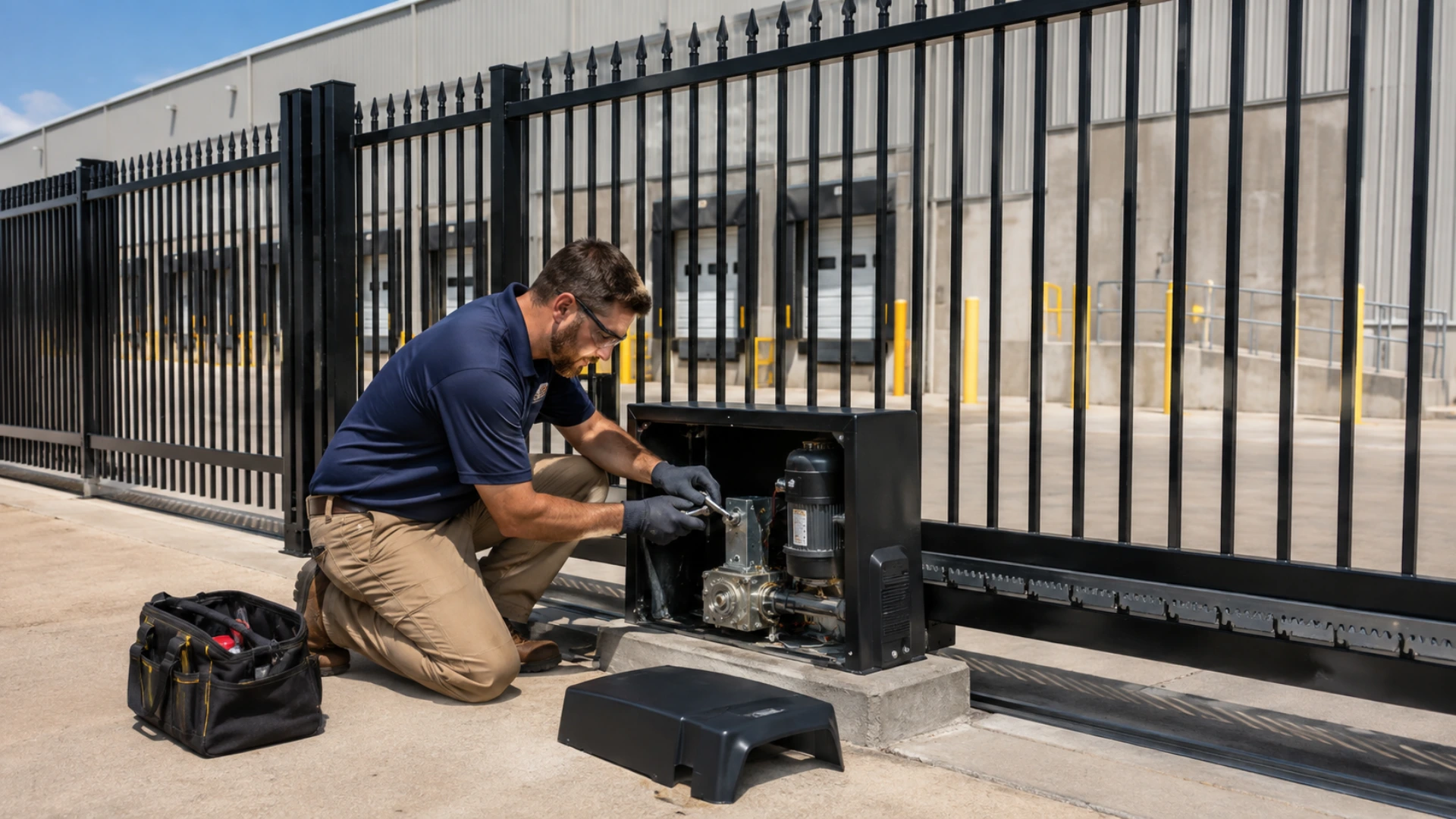 A technician kneeling at an opened slide gate operator cabinet, turning a wrench on the exposed motor and gearbox, beside a black spear-top commercial slide gate and its drive rack in front of a warehouse loading dock