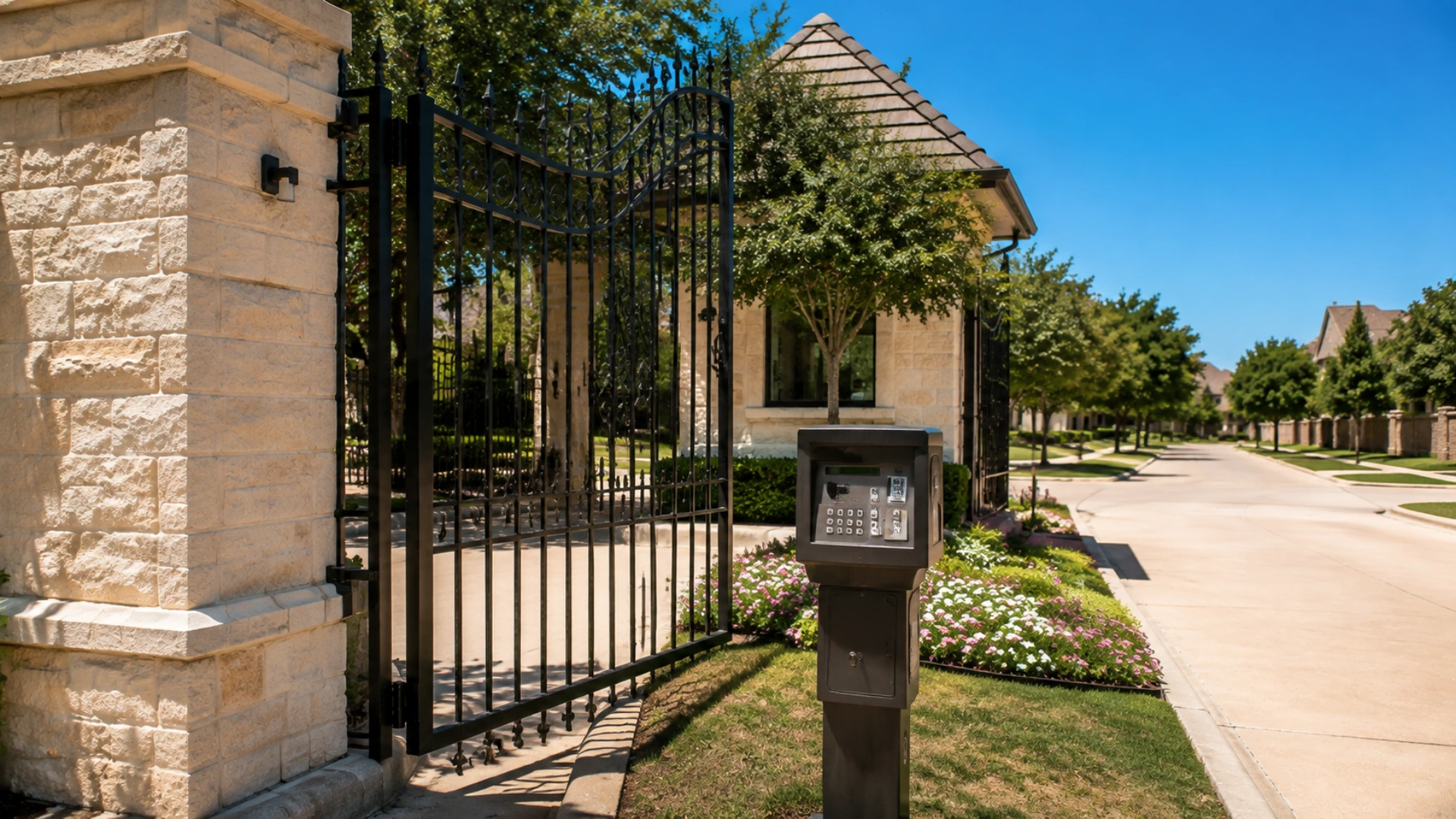 A community entrance with an ornamental black iron gate hung on a stone column, a pedestal callbox with keypad and card reader standing on the grass beside the drive, and a tree-lined residential street running past flower beds and a stone guard building