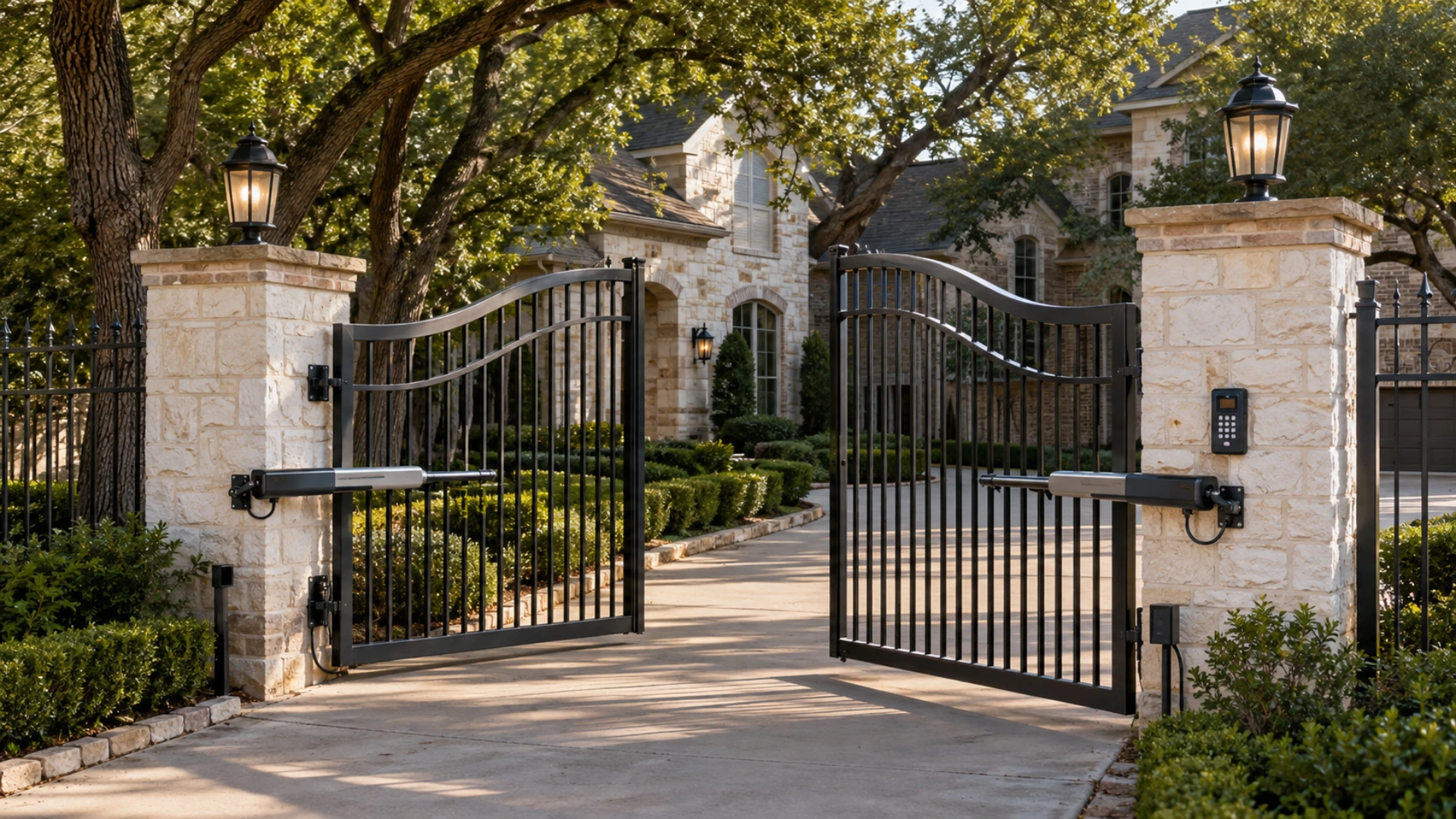 A completed double swing gate installation at a stone house, both black iron leaves hung between lantern-topped stone columns with a linear arm operator mounted on each leaf, a keypad on the right column and the driveway open between them