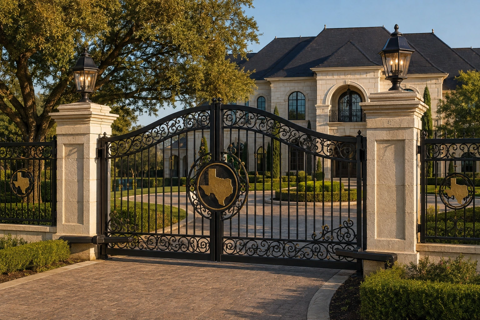 Ornate wrought iron double driveway gate with scrollwork and a Texas-shaped medallion centerpiece, hung between lantern-topped stone columns at a large estate