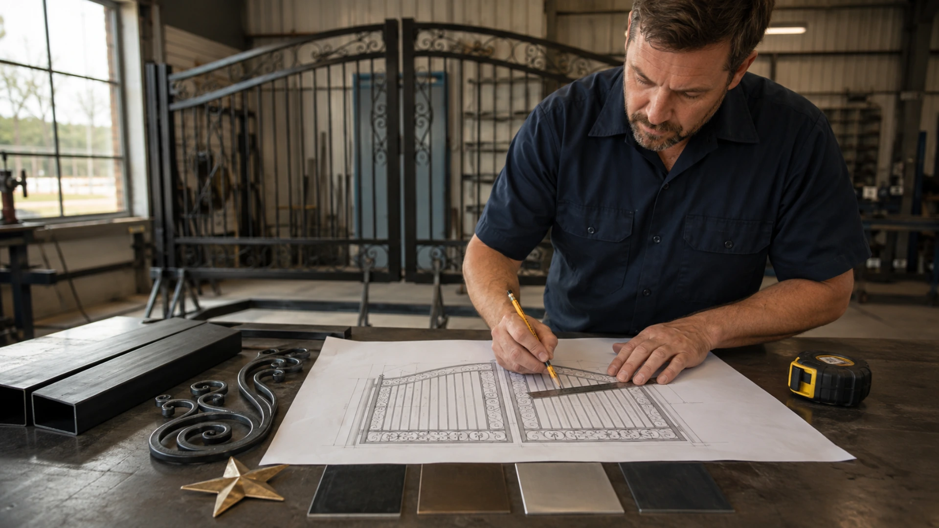 A fabricator in a workshop drawing on a scale gate elevation with a pencil and straightedge, with metal finish samples, a forged scroll, a star medallion, steel tube stock and a tape measure laid out on the bench and a welded ornamental iron gate standing behind him