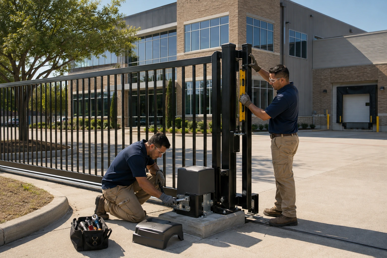 Two technicians working on a black commercial slide gate outside a brick office and warehouse building with a loading dock, one kneeling at the slide operator on its concrete pad and the other holding a level against the gate post