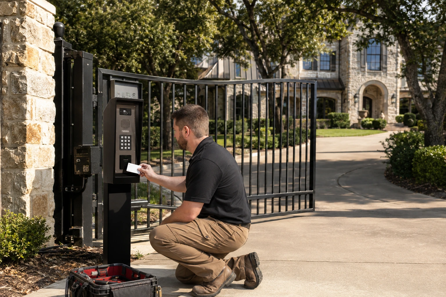 Technician kneeling at a pedestal-mounted callbox with camera, speaker and keypad beside a black iron driveway gate, holding an access card to the reader