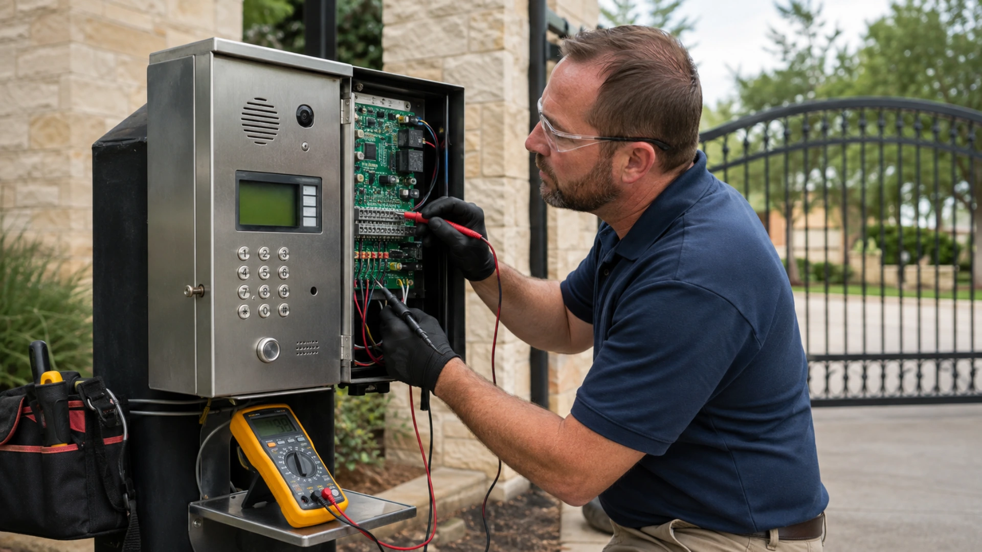 A technician in safety glasses testing the opened circuit board of a stainless steel telephone entry panel with multimeter probes, the panel's keypad, speaker, camera and screen visible on its pedestal beside a stone column, with a yellow multimeter and tool bag alongside