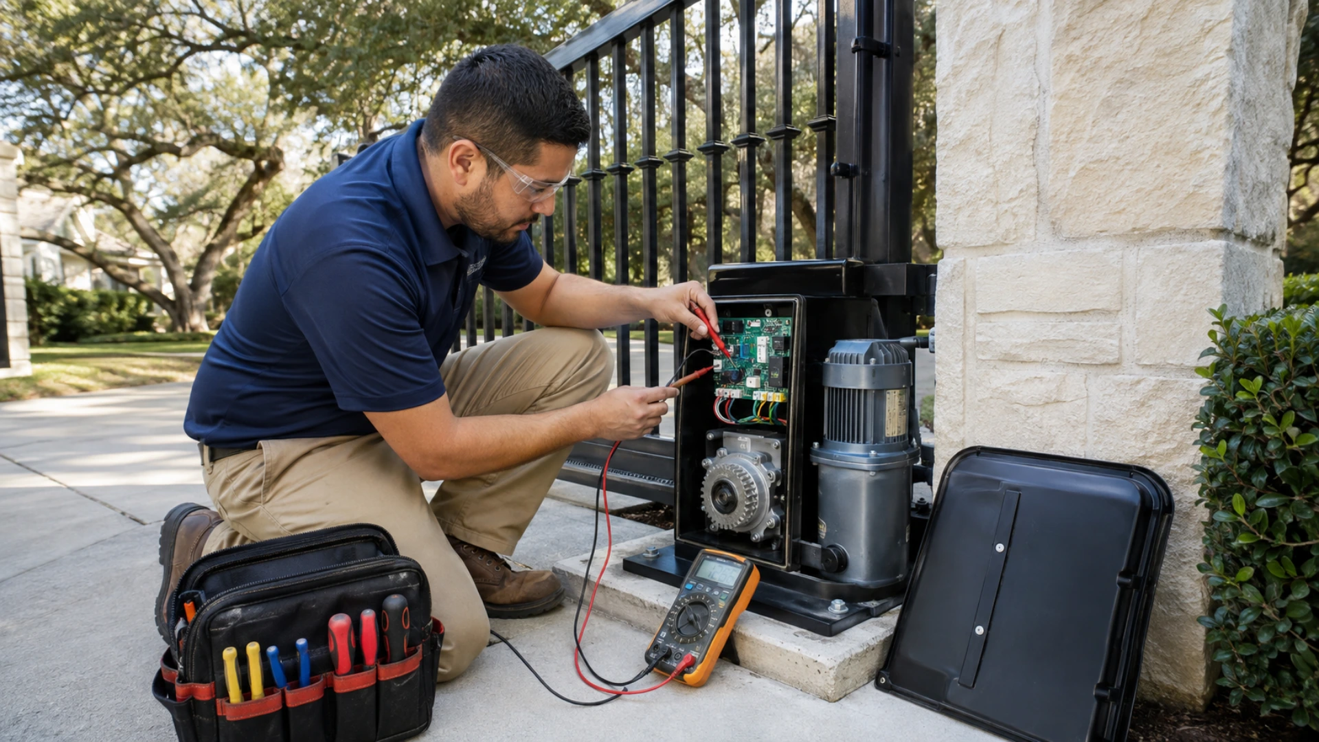 A technician in safety glasses kneeling at an opened gate operator beside a stone column, touching multimeter probes to the control board while the motor, gearbox and drive sprocket sit exposed, with a yellow multimeter, tool bag and the removed cover on the driveway