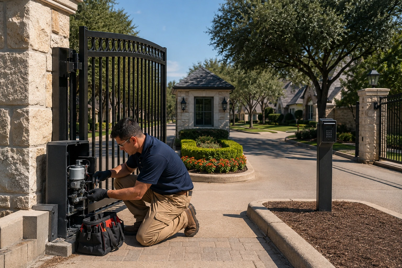 Technician servicing an opened gate operator cabinet at a gated community entrance, with a guard house, keypad pedestal and neighborhood street behind the gate