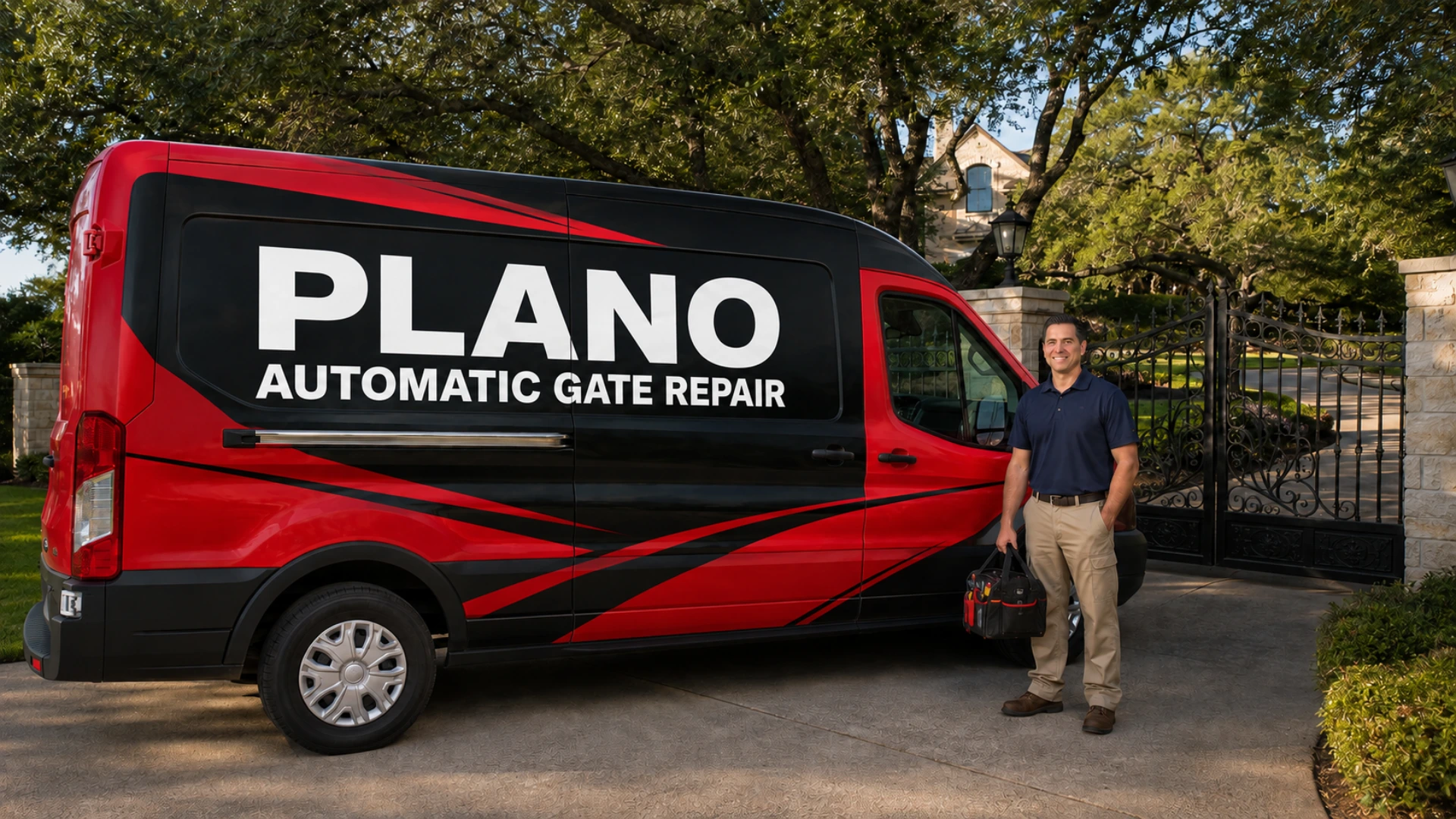 A red and black Plano Automatic Gate Repair service van parked in a driveway, with a technician in a navy polo standing beside it holding a tool bag and an ornamental iron gate and stone columns behind