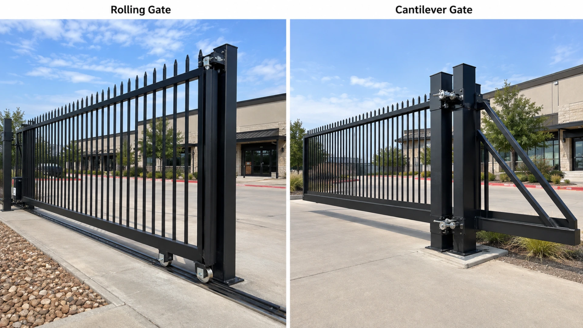 Side-by-side comparison labelled Rolling Gate and Cantilever Gate. The rolling gate on the left runs on wheels riding a track set into the driveway; the cantilever gate on the right carries no ground track and is supported by roller assemblies mounted on two posts with a diagonal brace at its counterbalance end.