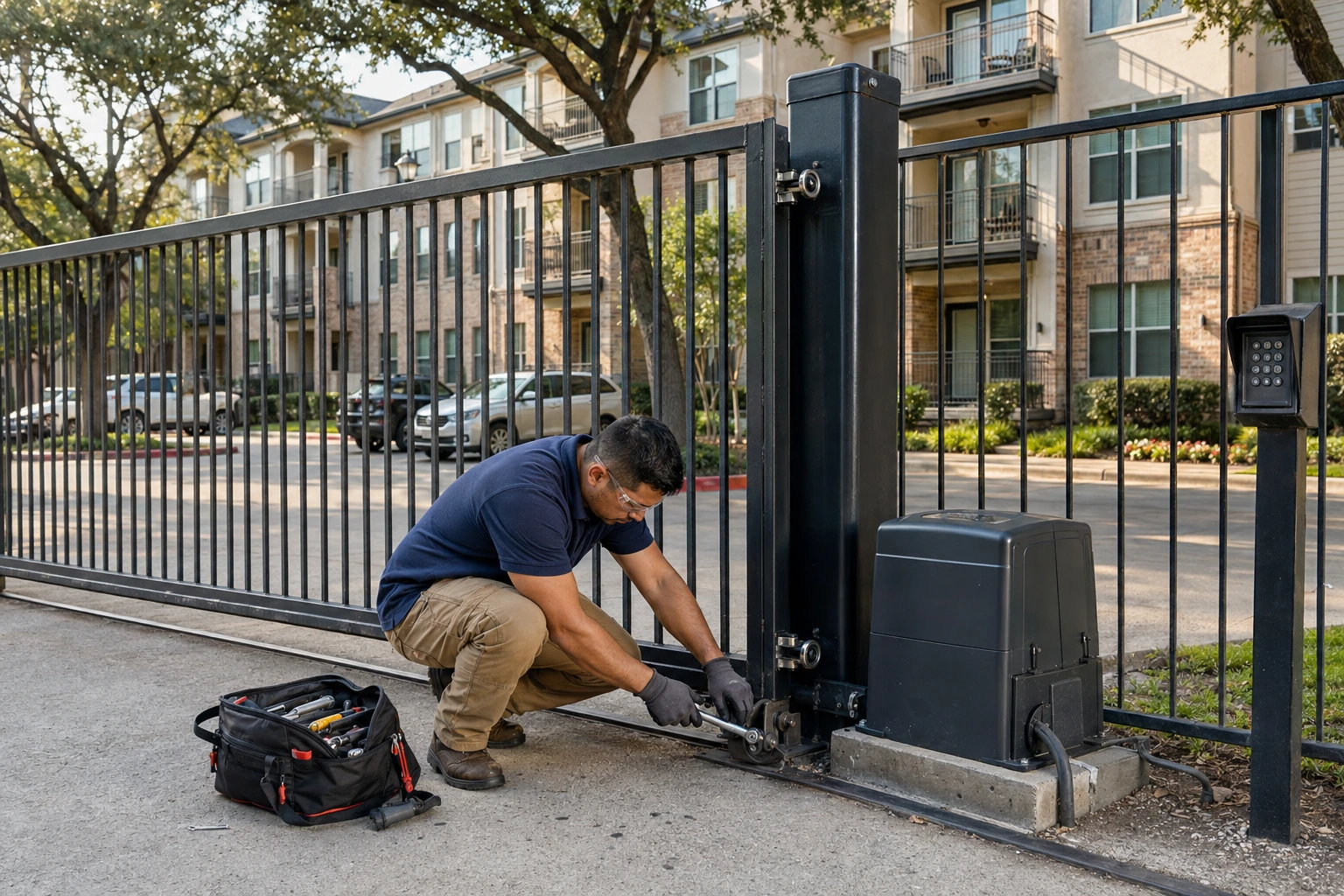 Technician using a wrench on the roller assembly at the base of a black sliding gate outside an apartment complex, with a slide operator and keypad pedestal alongside