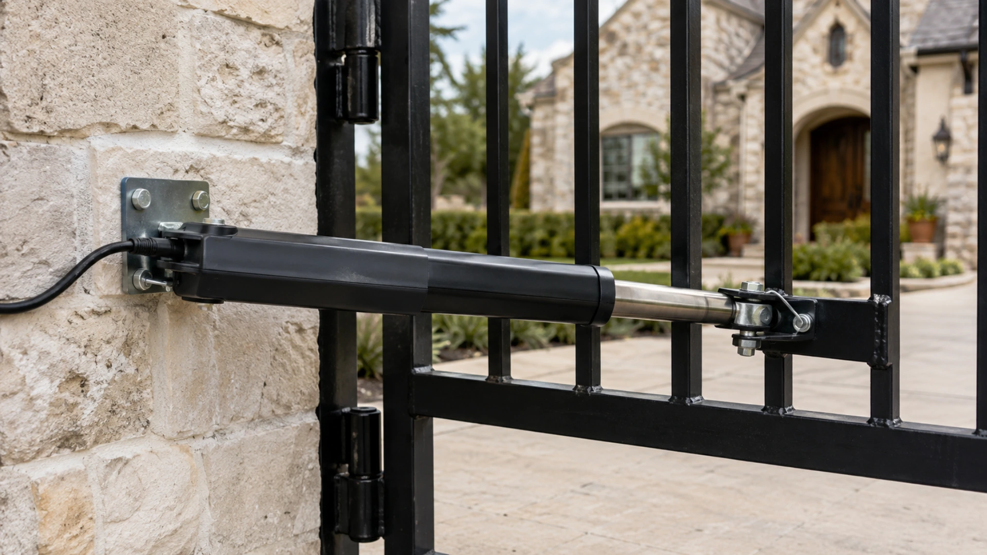 Close view of a black linear arm operator on a swing gate, bolted through a steel plate anchored to a stone column at one end and pinned to a welded bracket on the gate frame at the other, its stainless drive shaft extended and power cable running into the housing