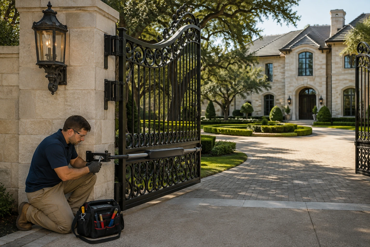 Technician kneeling at a stone column adjusting the hinge and linear arm operator of an ornamental iron swing gate at a large home's driveway